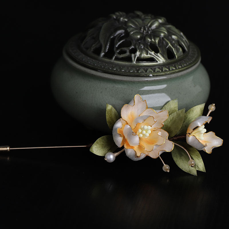 Golden Peony Brooch decorative display view